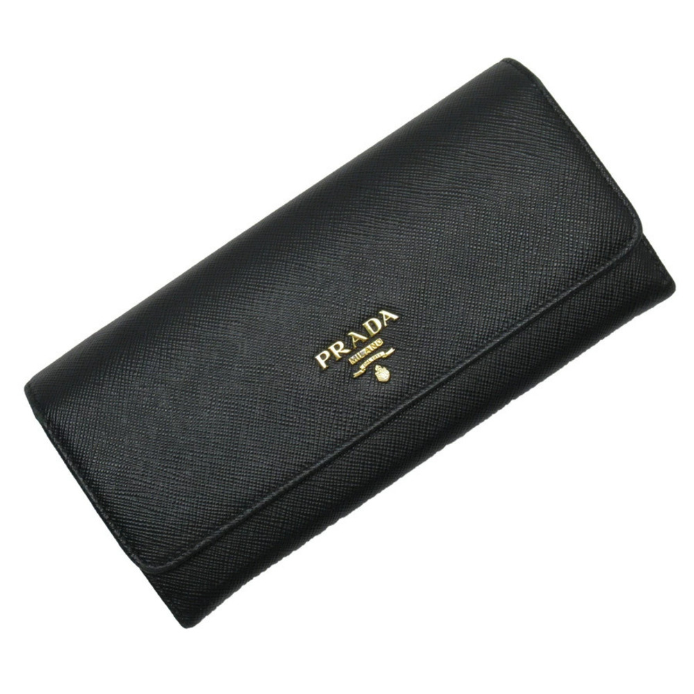 Prada Bi fold Long Wallet Nero Black Gold Saffiano Leather